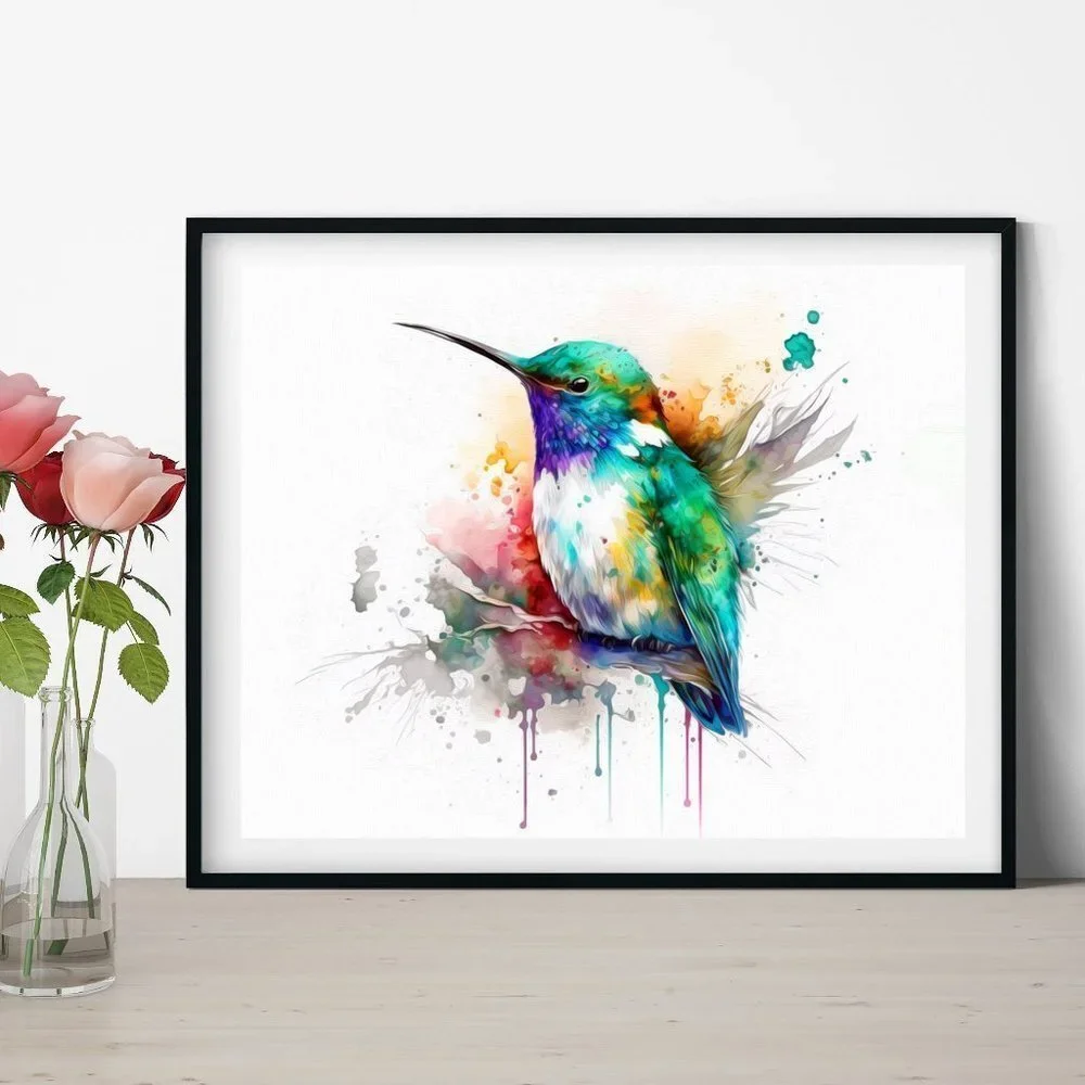 Hummingbird Cute Chubby Watercolor Oil Painting Art Print - Picture 3 of 5